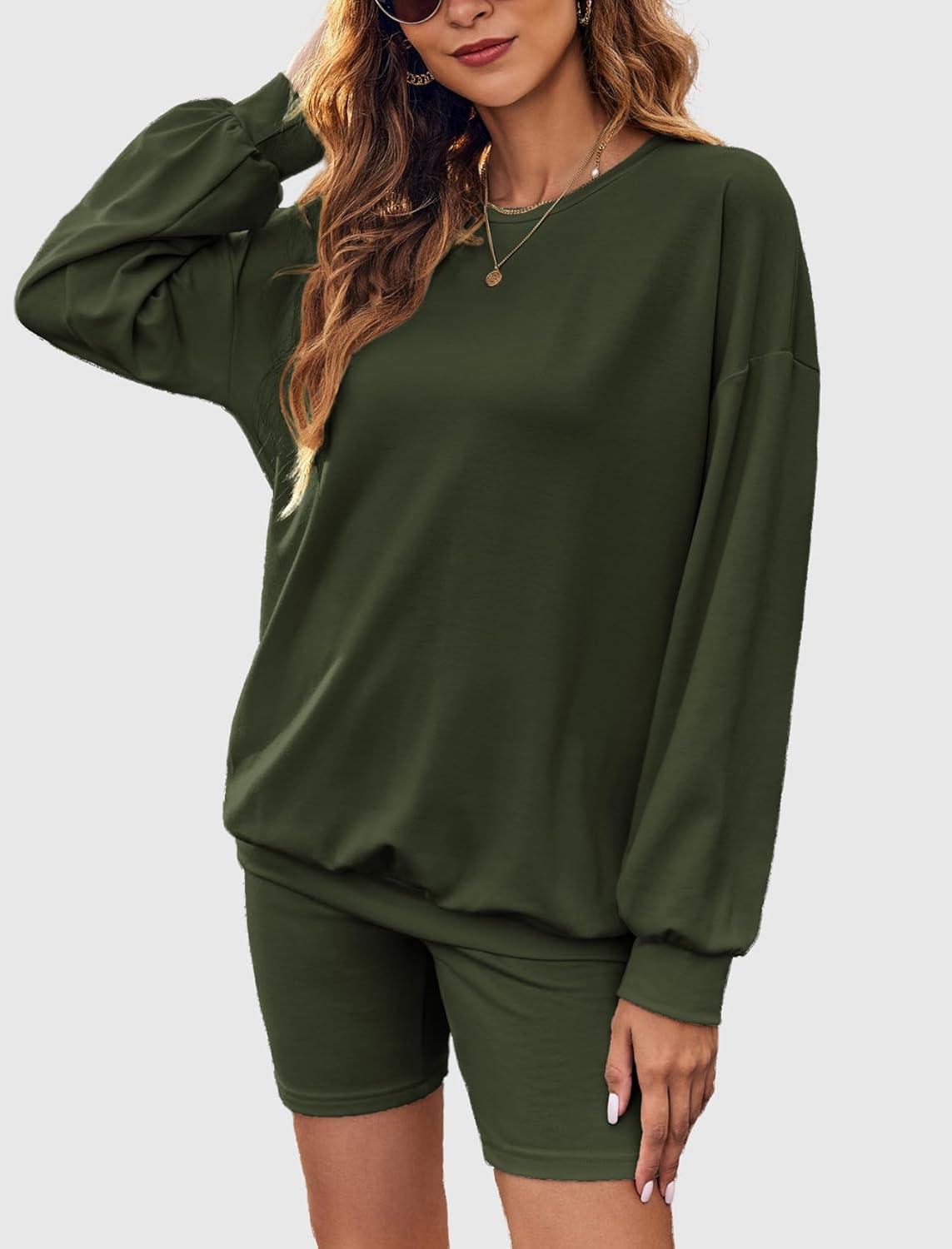 imageEkouaer Women 2 Pieces Outfit Sweatsuit Matching Lounge Set Long Sleeve Sweatshirt Shorts Comfy Loungewear Pajamas Fall Clothes Dark Green M