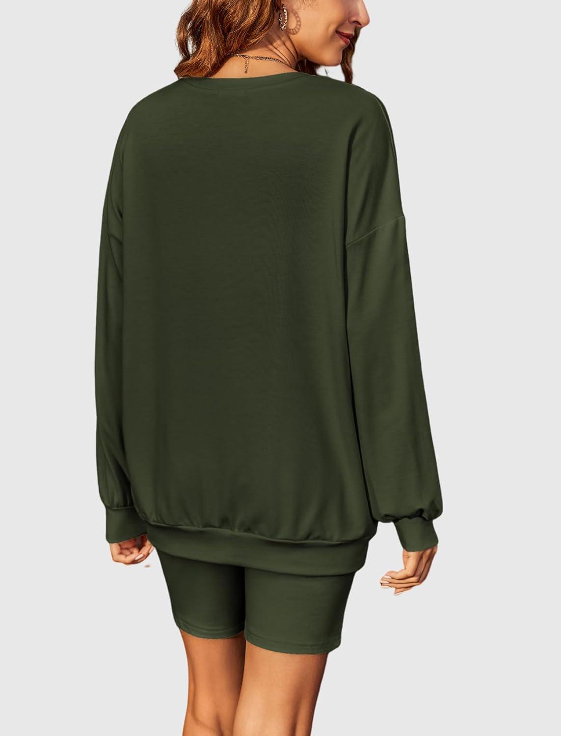 imageEkouaer Women 2 Pieces Outfit Sweatsuit Matching Lounge Set Long Sleeve Sweatshirt Shorts Comfy Loungewear Pajamas Fall Clothes Dark Green M