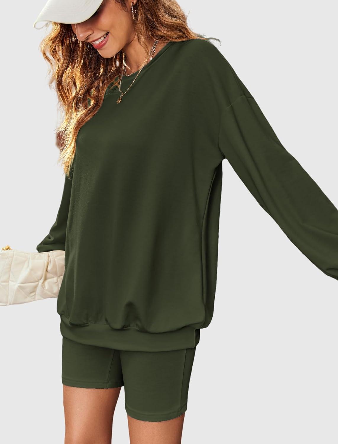 imageEkouaer Women 2 Pieces Outfit Sweatsuit Matching Lounge Set Long Sleeve Sweatshirt Shorts Comfy Loungewear Pajamas Fall Clothes Dark Green M