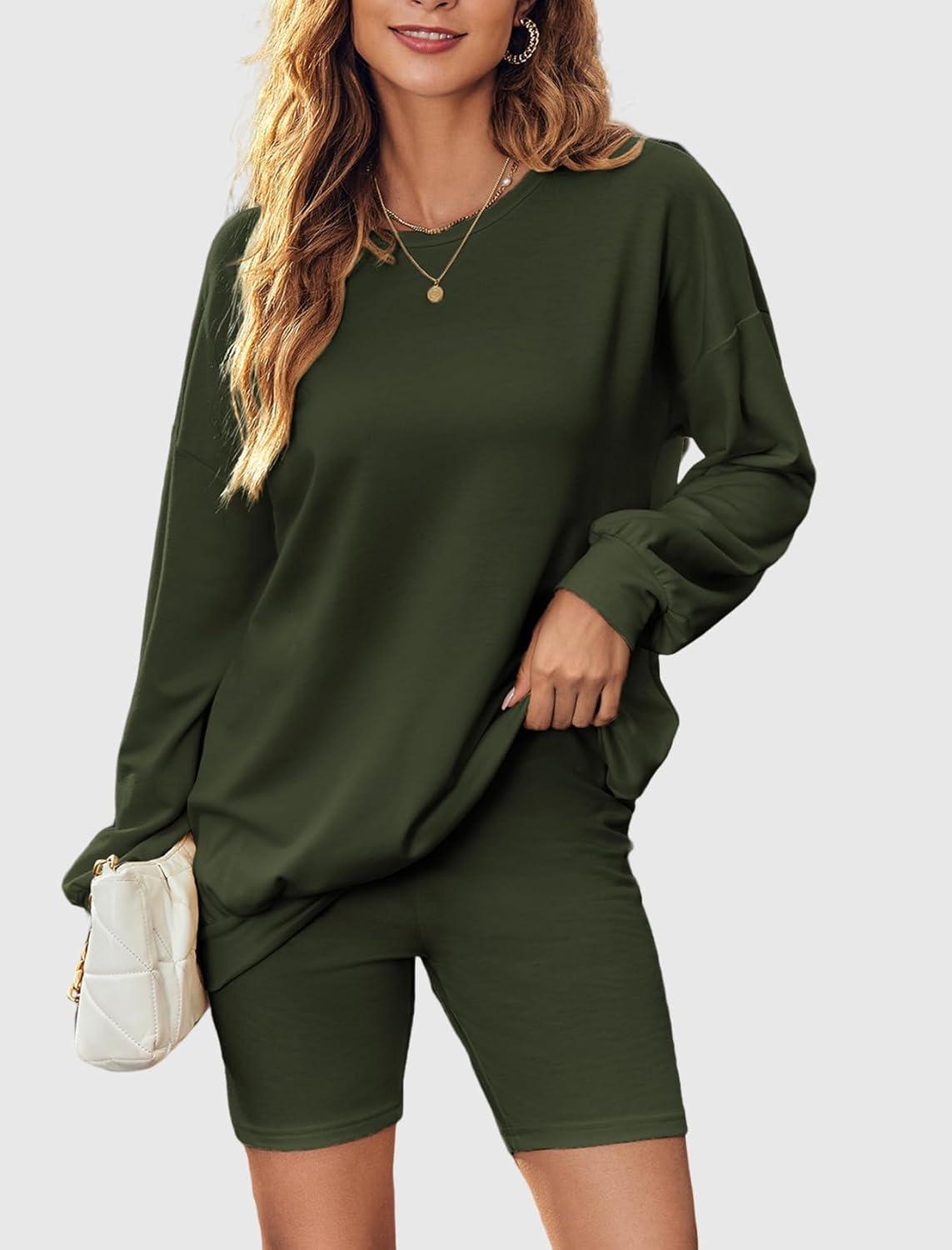 imageEkouaer Women 2 Pieces Outfit Sweatsuit Matching Lounge Set Long Sleeve Sweatshirt Shorts Comfy Loungewear Pajamas Fall Clothes Dark Green M