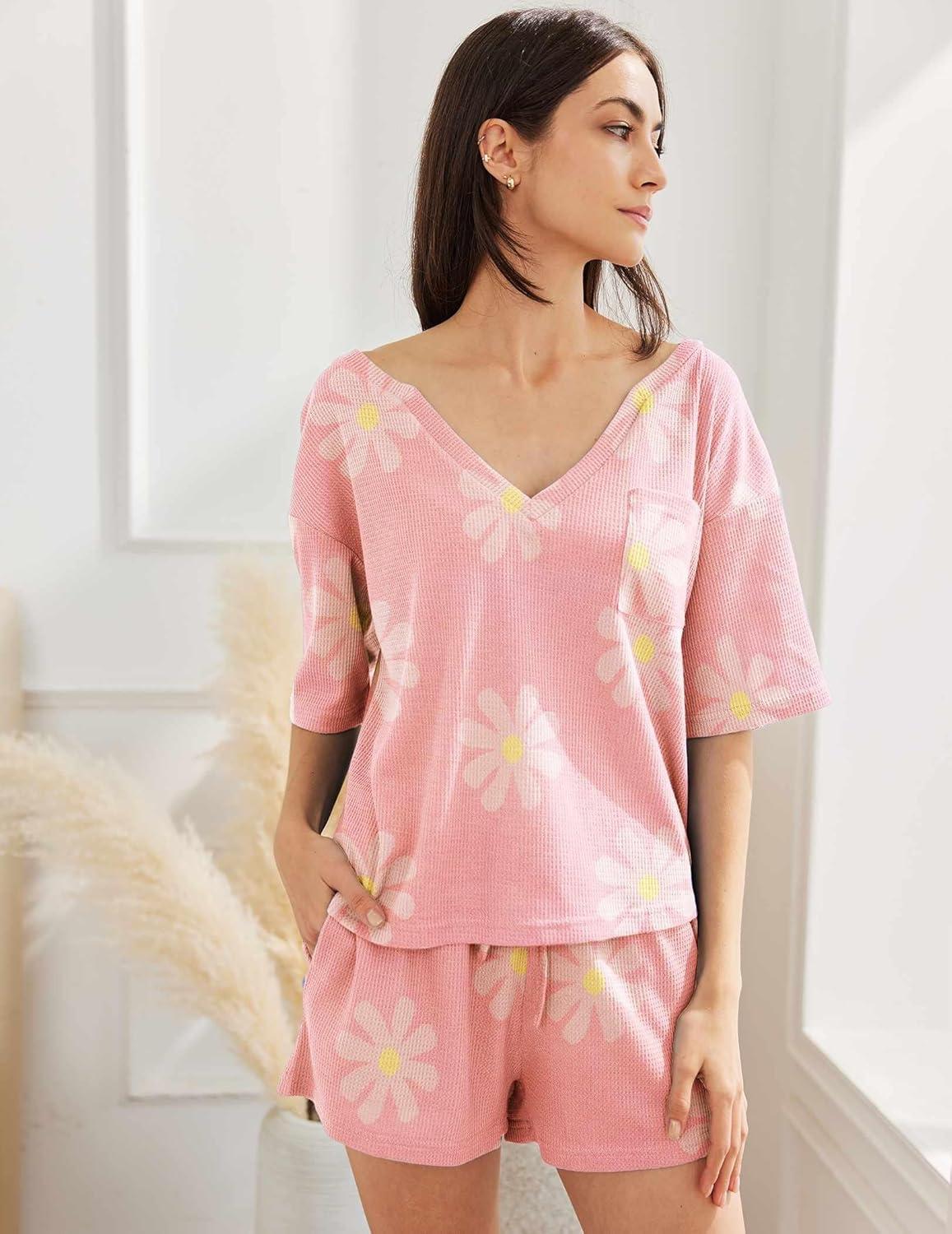 imageEkouaer Women Pajama Sets Waffle Knit Lounge Sets Short Sleeves Crop Top 2 Piece Pj Shorts Set