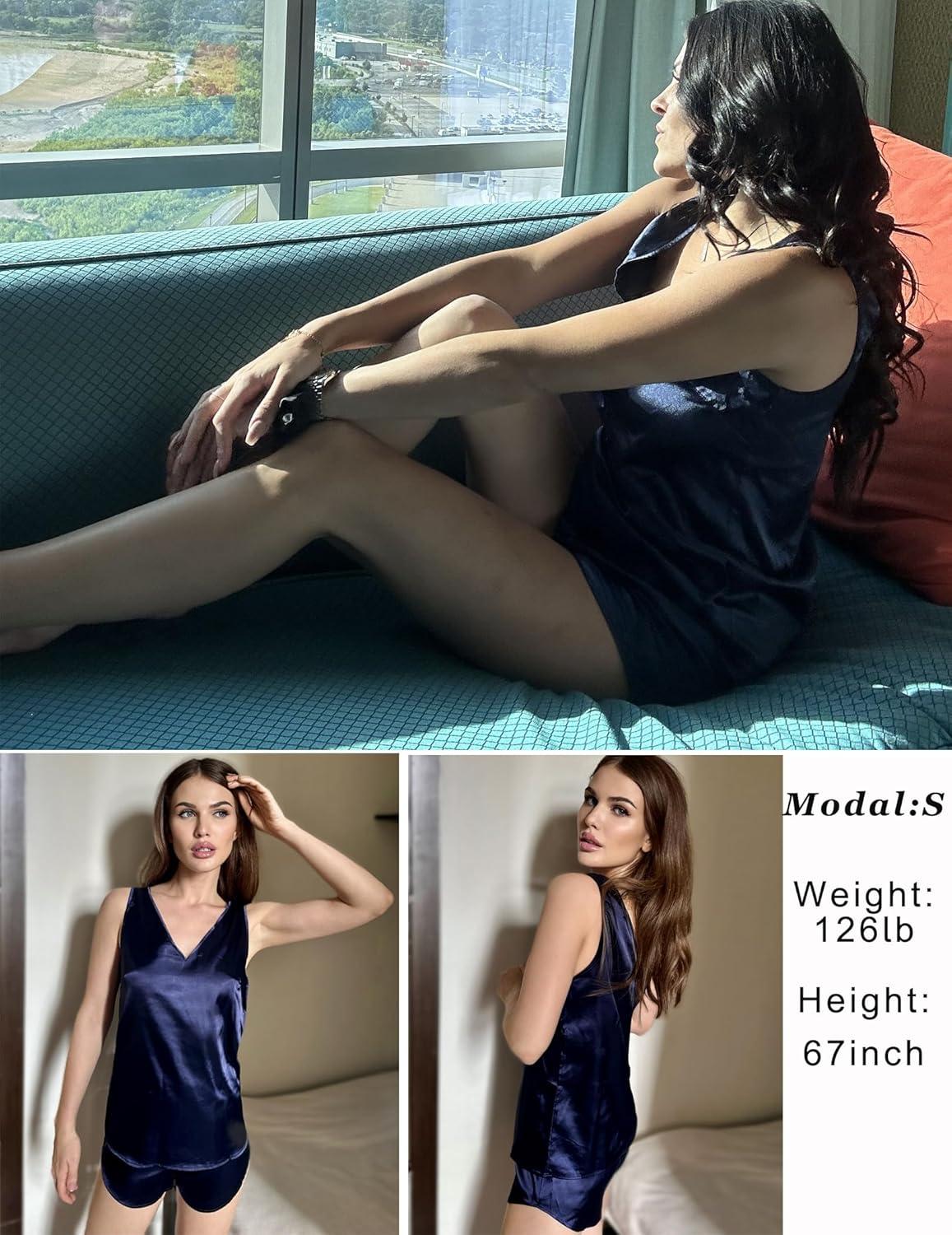 imageEkouaer Women Silk Satin Pajama Set V Neck Pj Short Set Sleeveless Silky Tank Lounge Set Sleepwear