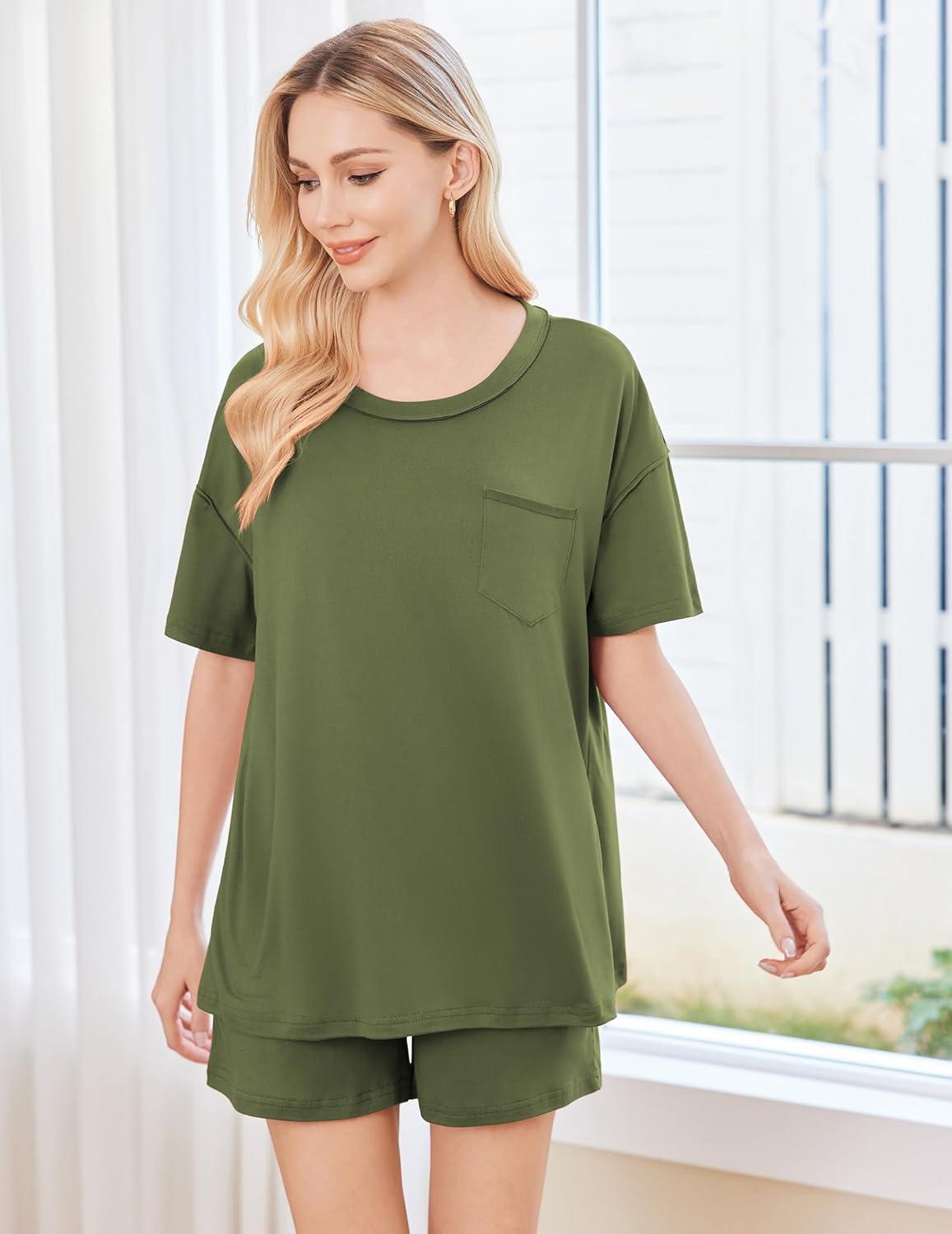 imageEkouaer Womens 2 Piece Pajama Sets Short Sleeve Lounge Sets Soft Round Neck Top and Shorts SleepwearArmy Green