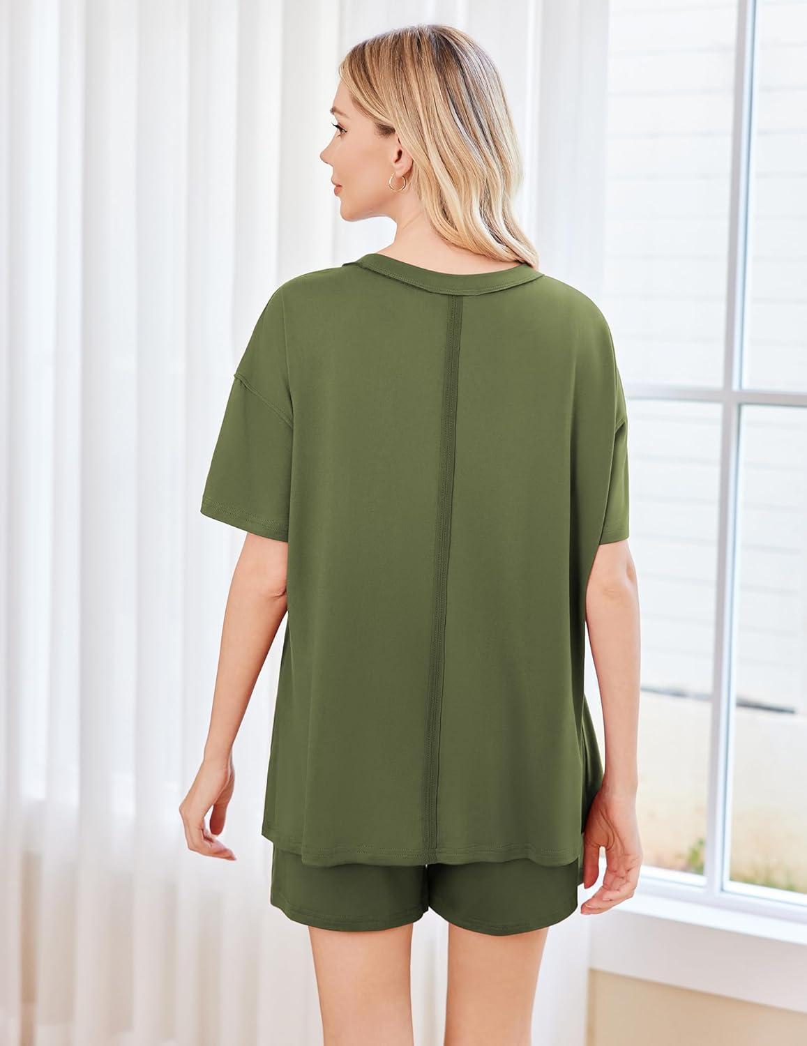 imageEkouaer Womens 2 Piece Pajama Sets Short Sleeve Lounge Sets Soft Round Neck Top and Shorts SleepwearArmy Green
