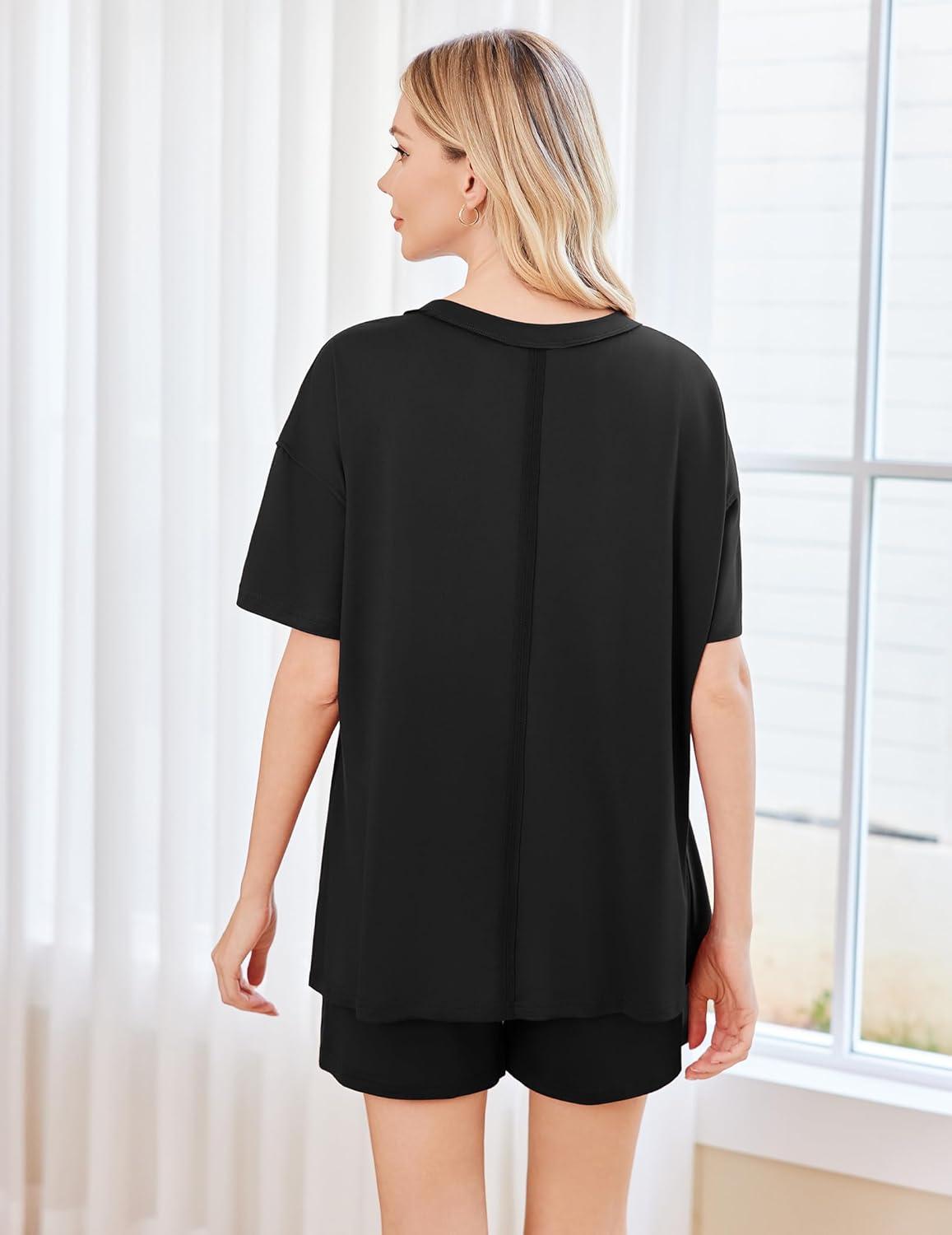 imageEkouaer Womens 2 Piece Pajama Sets Short Sleeve Lounge Sets Soft Round Neck Top and Shorts SleepwearBlack