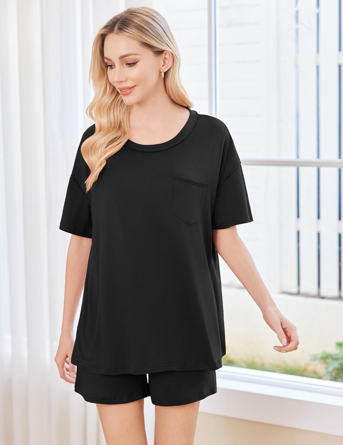 imageEkouaer Womens 2 Piece Pajama Sets Short Sleeve Lounge Sets Soft Round Neck Top and Shorts SleepwearBlack