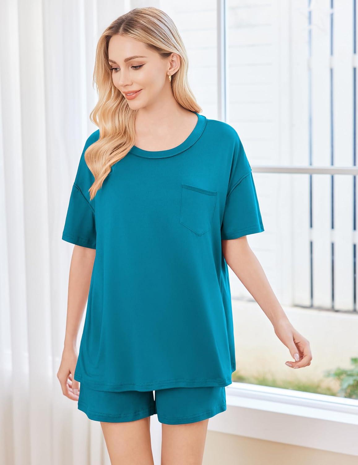 imageEkouaer Womens 2 Piece Pajama Sets Short Sleeve Lounge Sets Soft Round Neck Top and Shorts SleepwearBlue Green