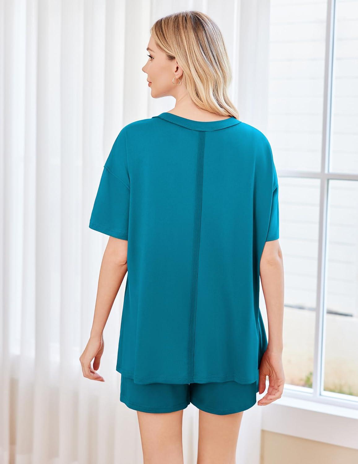imageEkouaer Womens 2 Piece Pajama Sets Short Sleeve Lounge Sets Soft Round Neck Top and Shorts SleepwearBlue Green