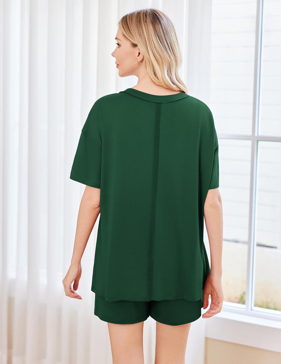 imageEkouaer Womens 2 Piece Pajama Sets Short Sleeve Lounge Sets Soft Round Neck Top and Shorts SleepwearBright Green