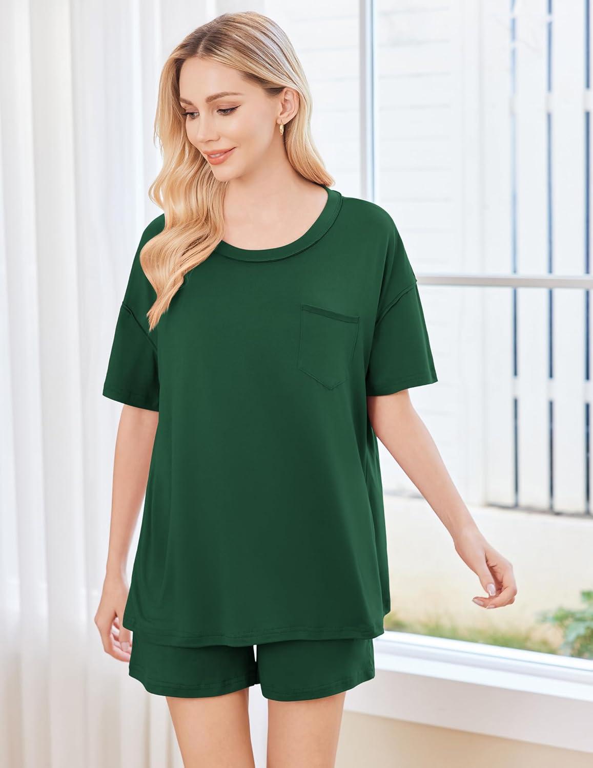 imageEkouaer Womens 2 Piece Pajama Sets Short Sleeve Lounge Sets Soft Round Neck Top and Shorts SleepwearBright Green