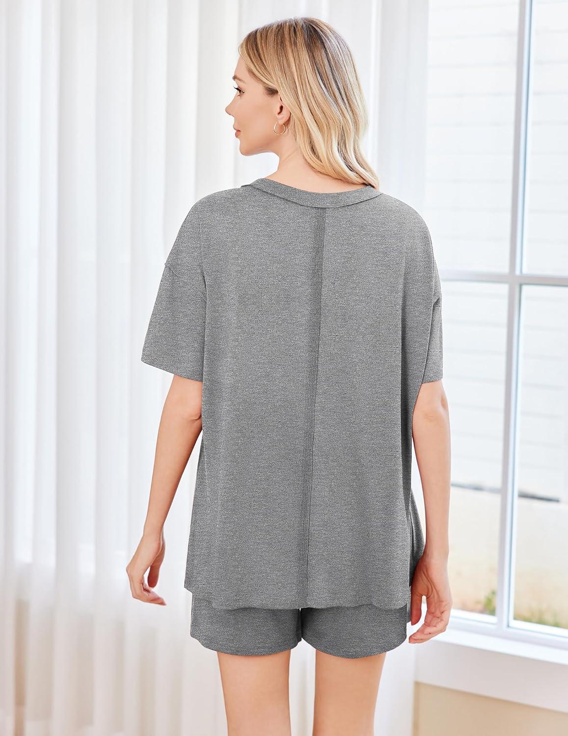 imageEkouaer Womens 2 Piece Pajama Sets Short Sleeve Lounge Sets Soft Round Neck Top and Shorts SleepwearGrey