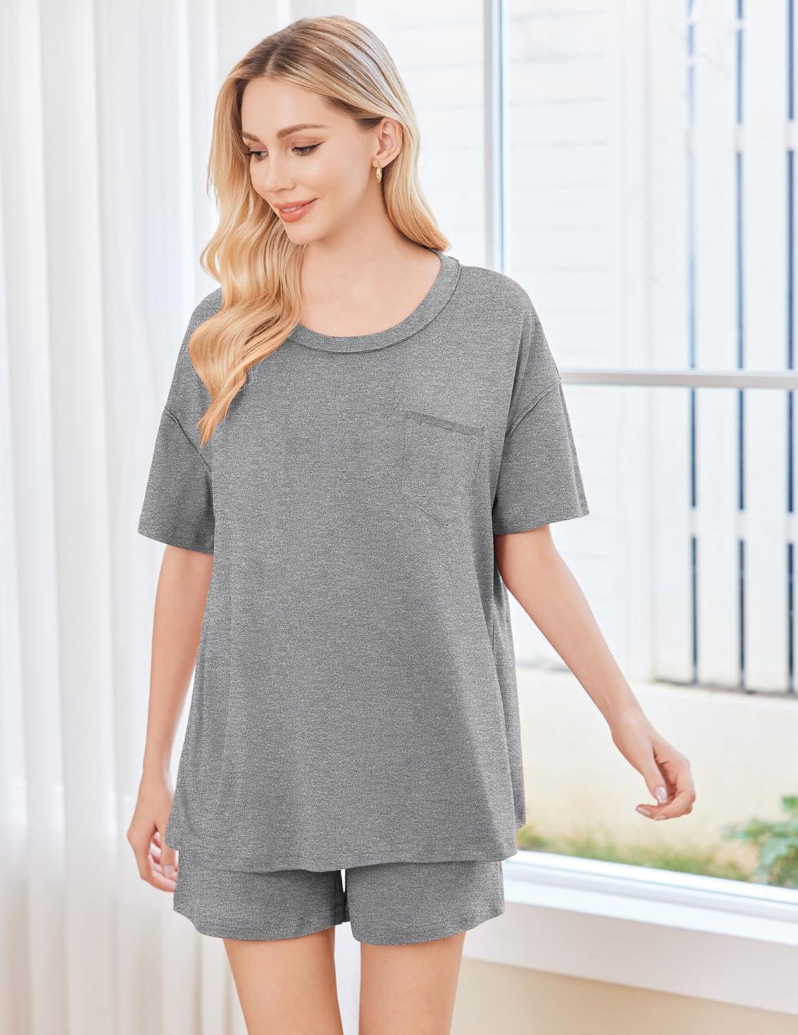 imageEkouaer Womens 2 Piece Pajama Sets Short Sleeve Lounge Sets Soft Round Neck Top and Shorts SleepwearGrey