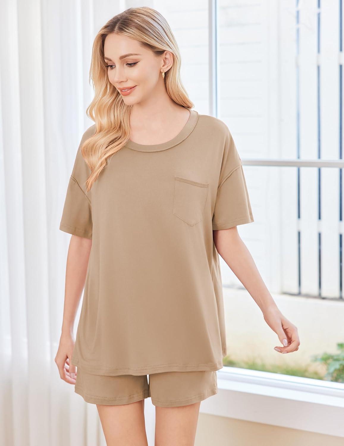 imageEkouaer Womens 2 Piece Pajama Sets Short Sleeve Lounge Sets Soft Round Neck Top and Shorts SleepwearKhaki