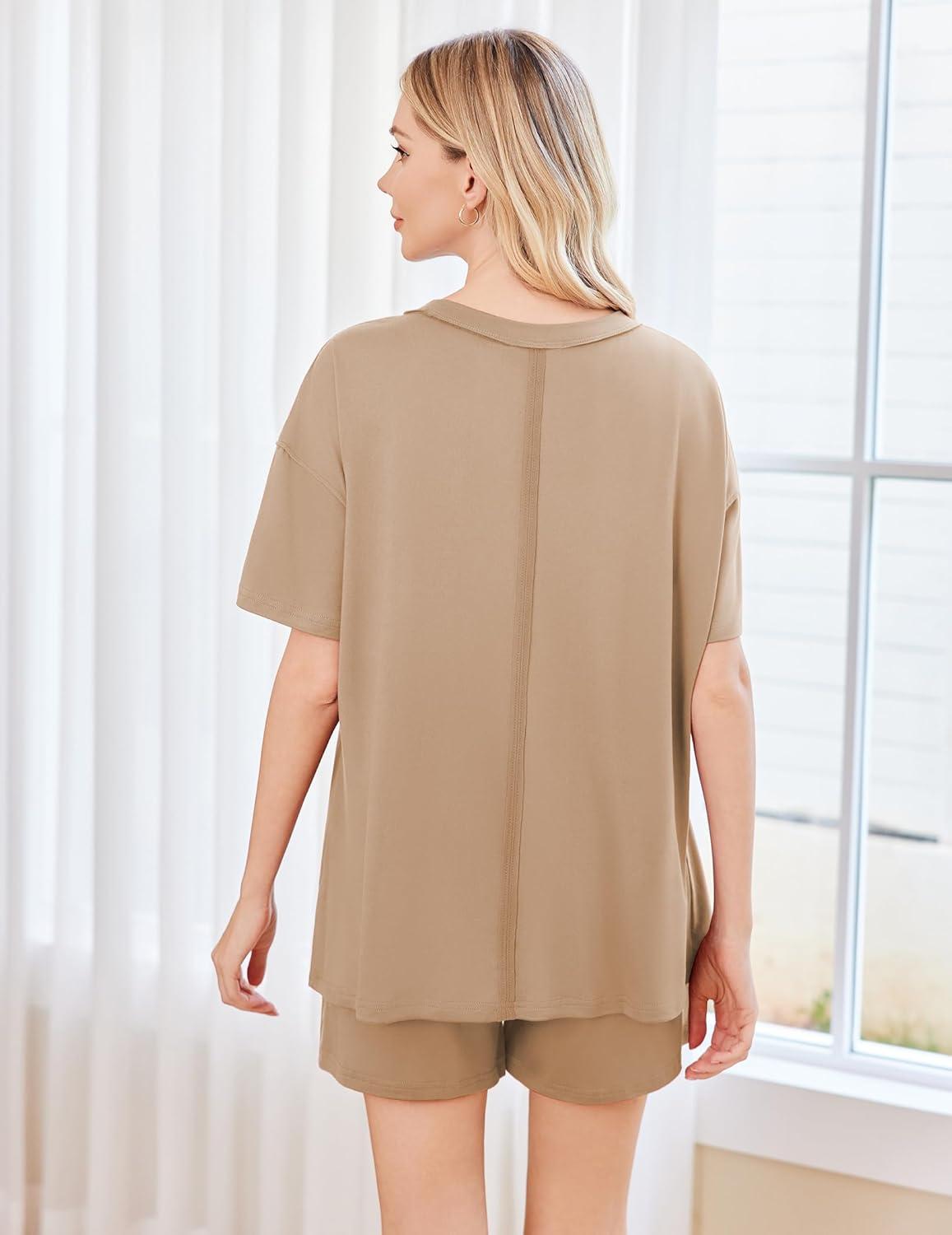 imageEkouaer Womens 2 Piece Pajama Sets Short Sleeve Lounge Sets Soft Round Neck Top and Shorts SleepwearKhaki