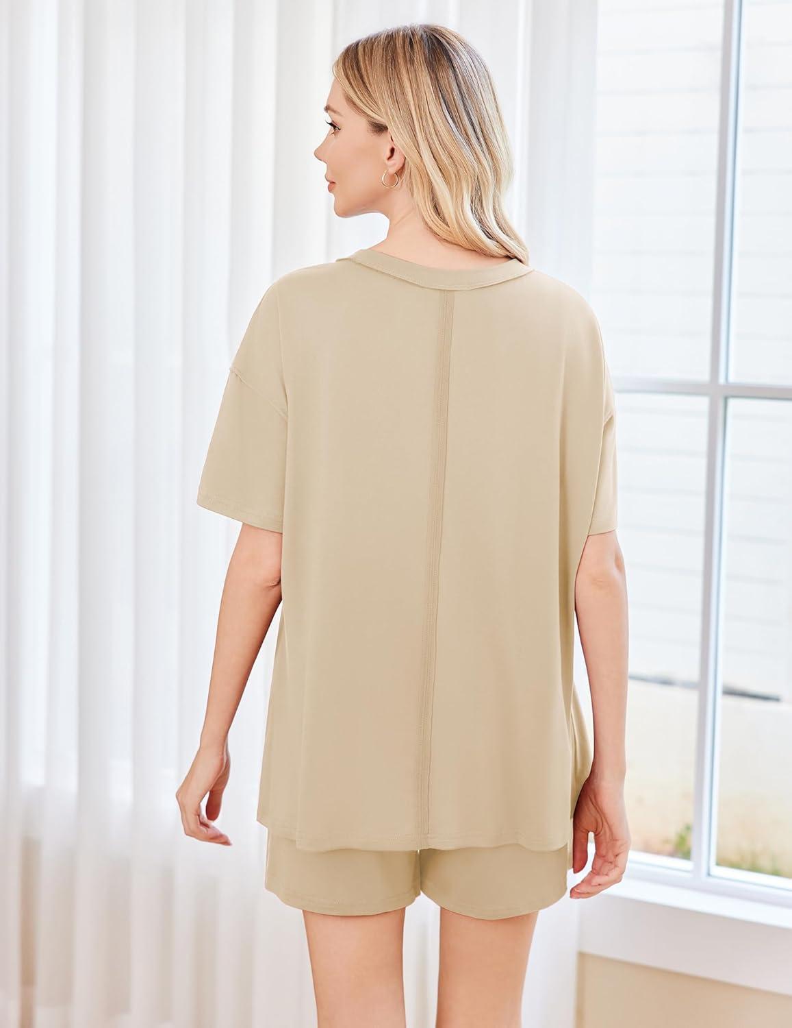 imageEkouaer Womens 2 Piece Pajama Sets Short Sleeve Lounge Sets Soft Round Neck Top and Shorts SleepwearLight Brown