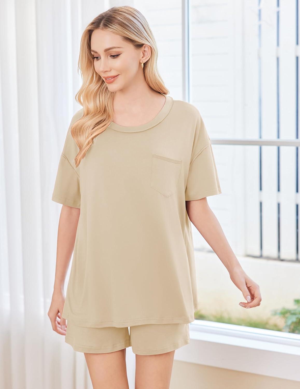 imageEkouaer Womens 2 Piece Pajama Sets Short Sleeve Lounge Sets Soft Round Neck Top and Shorts SleepwearLight Brown