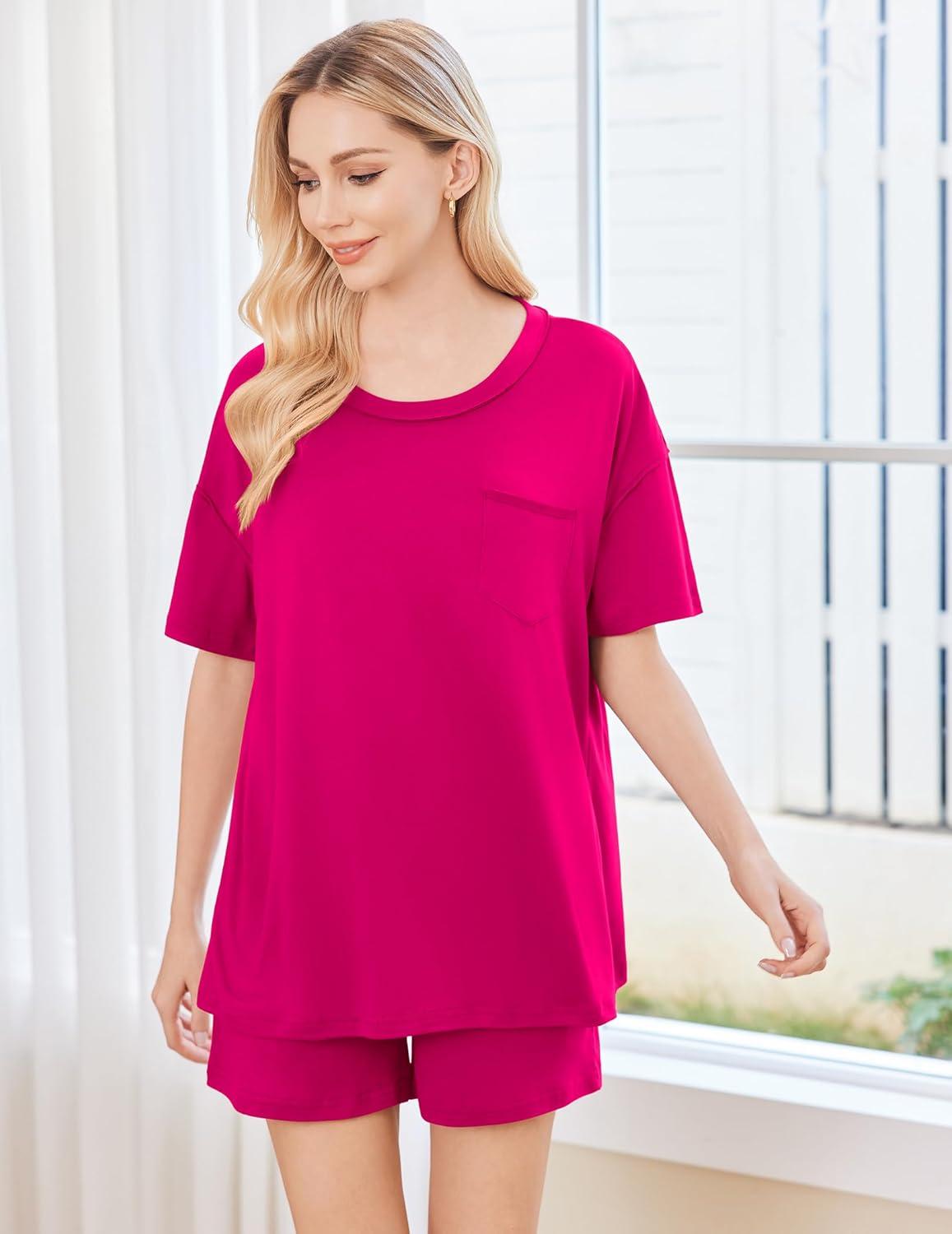 imageEkouaer Womens 2 Piece Pajama Sets Short Sleeve Lounge Sets Soft Round Neck Top and Shorts SleepwearRose Red