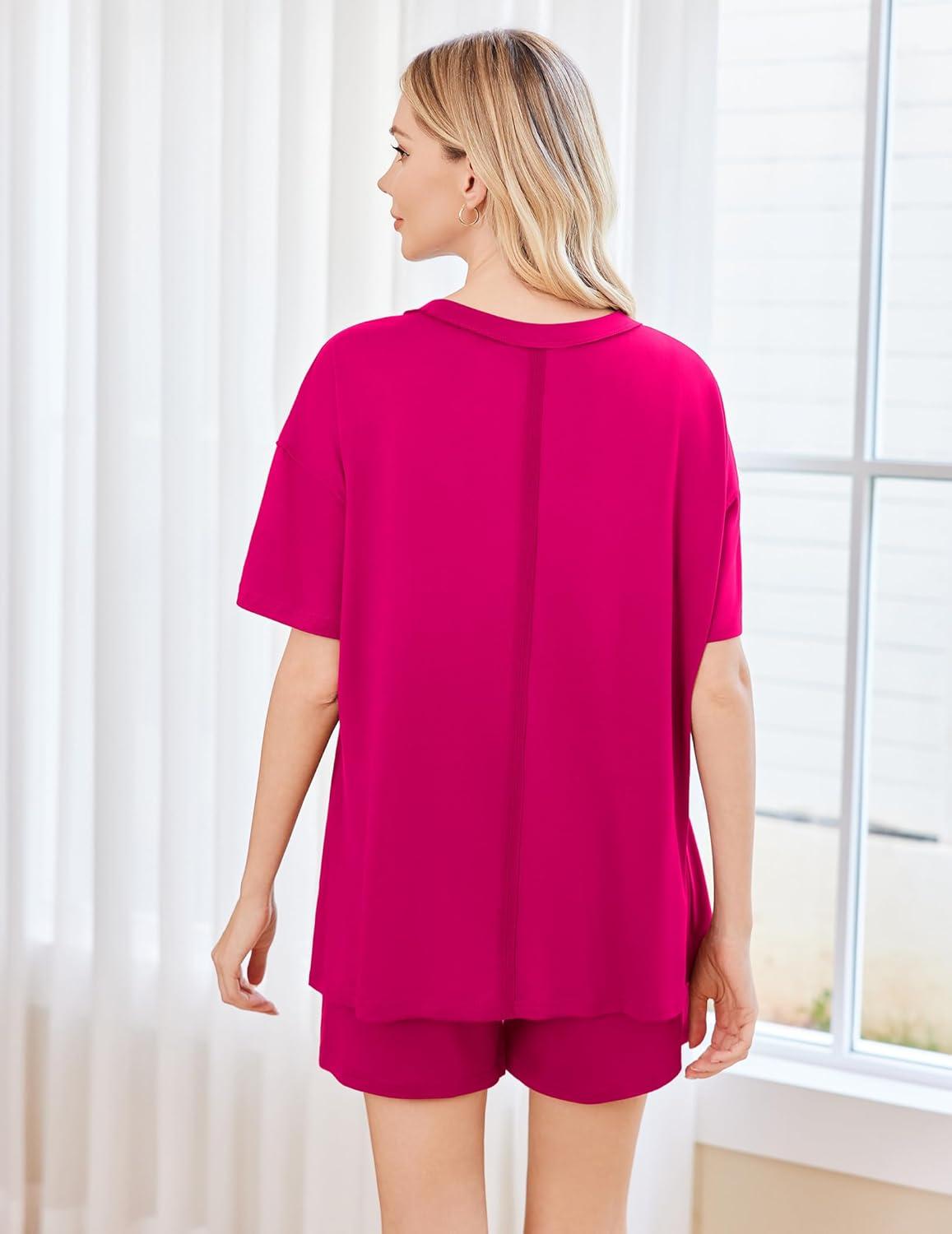 imageEkouaer Womens 2 Piece Pajama Sets Short Sleeve Lounge Sets Soft Round Neck Top and Shorts SleepwearRose Red