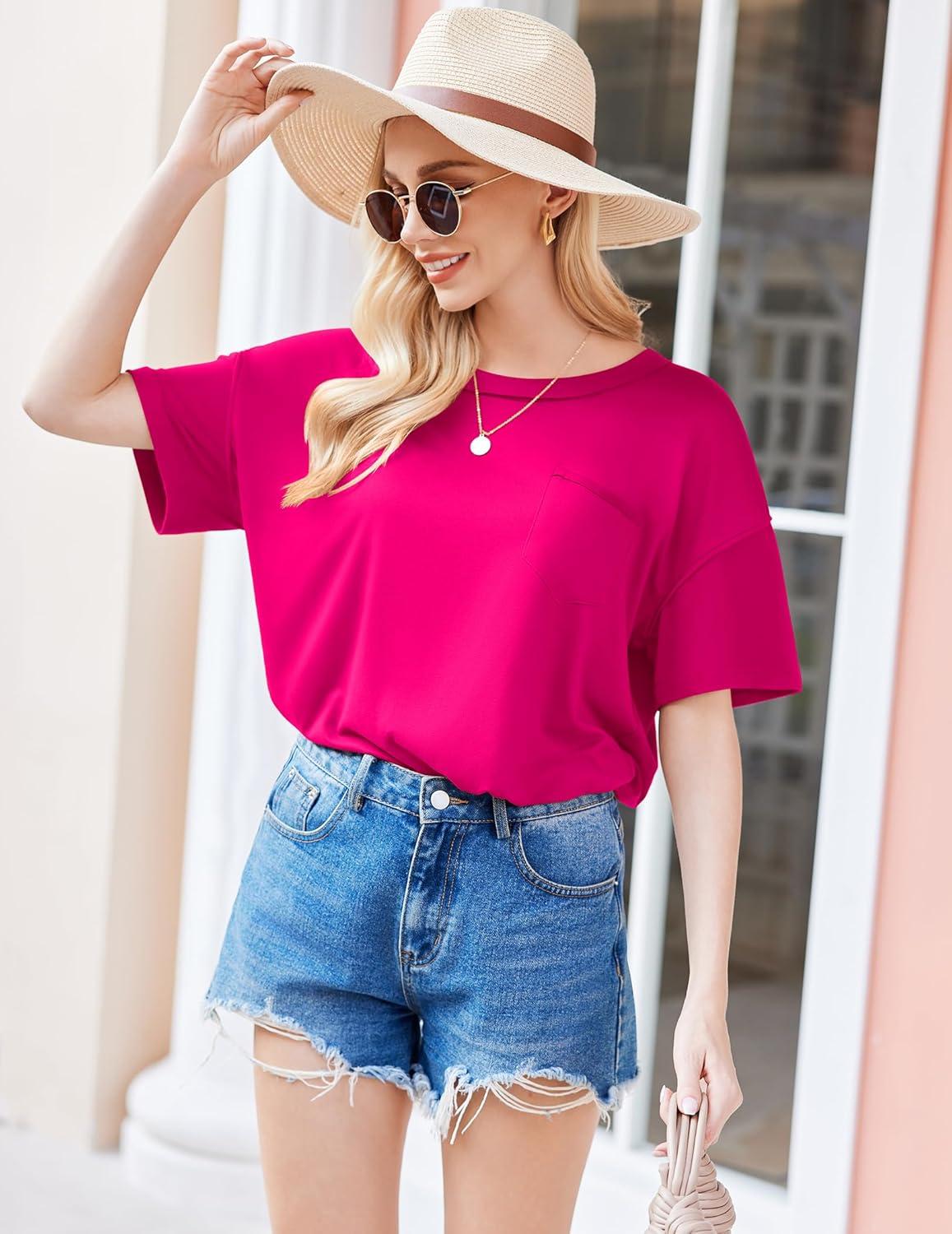 imageEkouaer Womens 2 Piece Pajama Sets Short Sleeve Lounge Sets Soft Round Neck Top and Shorts SleepwearRose Red