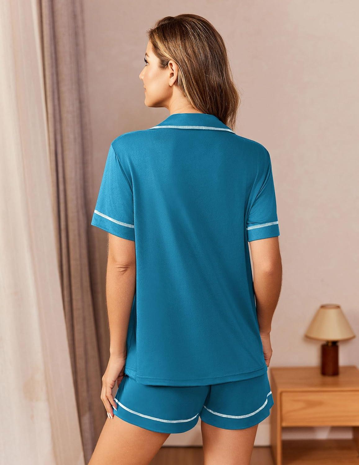imageEkouaer Womens Pajama Set Button Down Sleepwear Short Sleeve Pjs Top and Short with Pocket Soft Lounge SetBlue Green