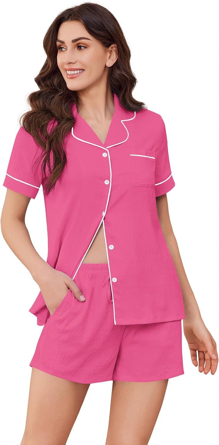 imageEkouaer Womens Pajama Set Short Sleeve Sleepwear Summer Button Down Nightwear Lounge Set Soft Pjs Rose Red Medium