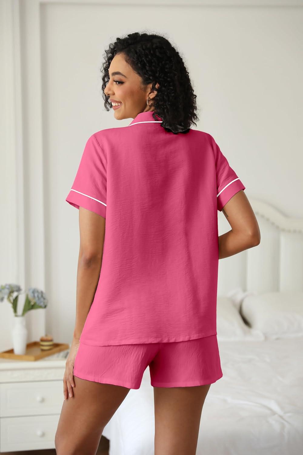 imageEkouaer Womens Pajama Set Short Sleeve Sleepwear Summer Button Down Nightwear Lounge Set Soft Pjs Rose Red Medium