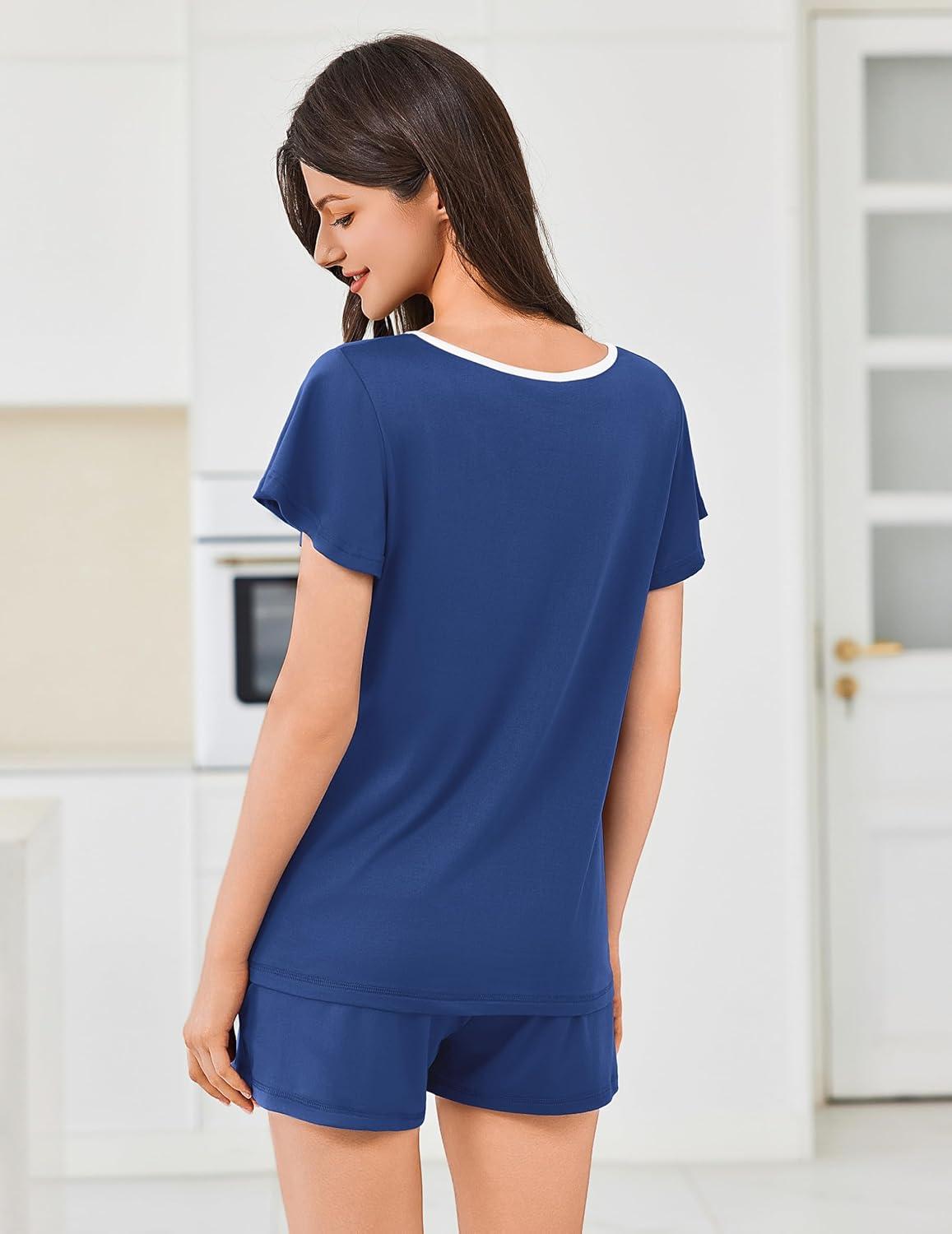 imageEkouaer Womens Pajama Set Summer Short Sleeve Pjs Sleepwear Cute 2 Piece Lounge Sets SXXLNavy