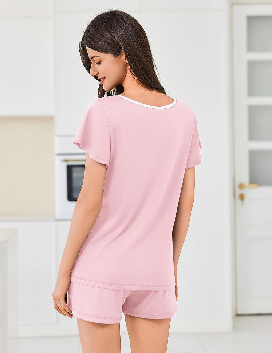 imageEkouaer Womens Pajama Set Summer Short Sleeve Pjs Sleepwear Cute 2 Piece Lounge Sets SXXLPink