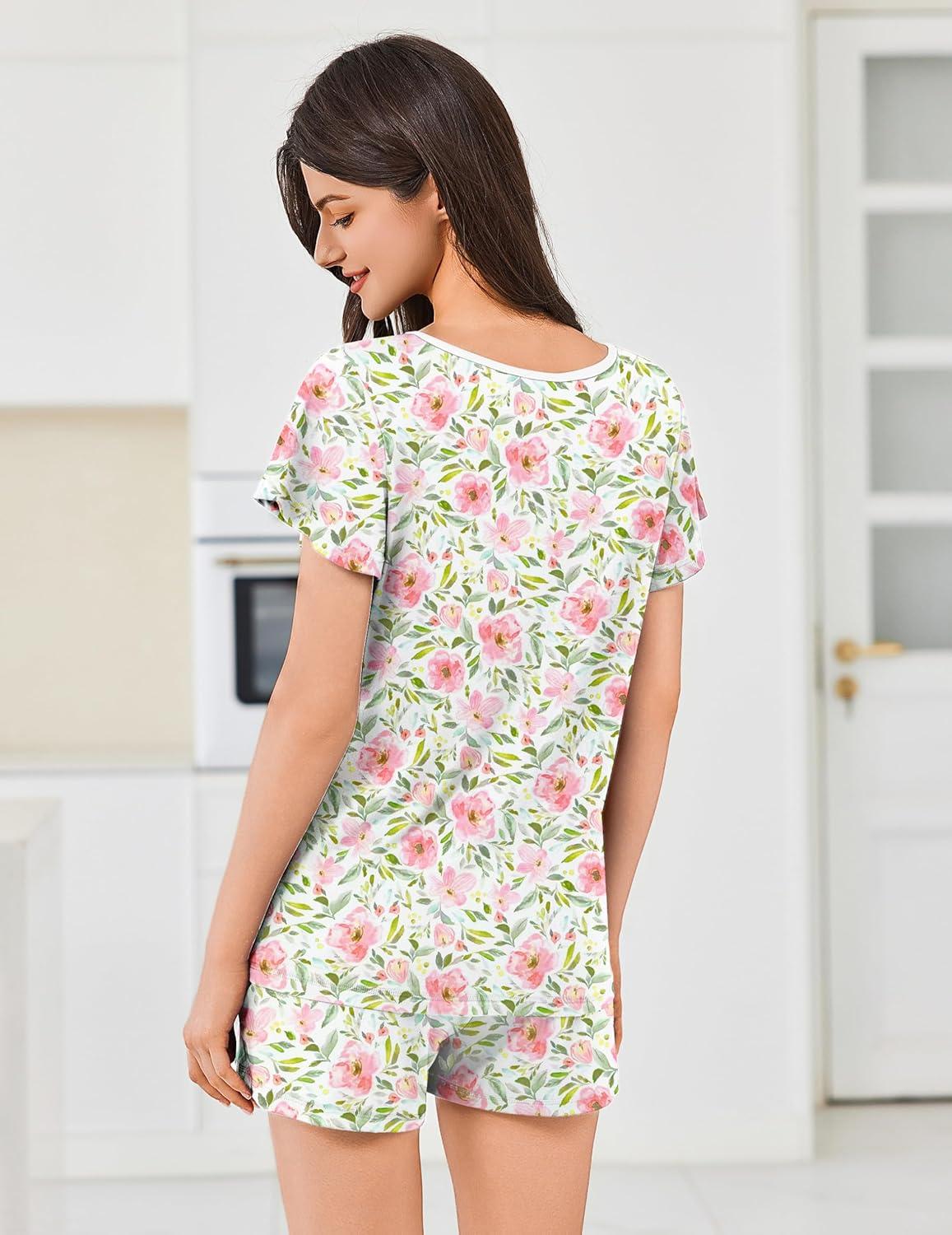 imageEkouaer Womens Pajama Set Summer Short Sleeve Pjs Sleepwear Cute 2 Piece Lounge Sets SXXLPink Floral