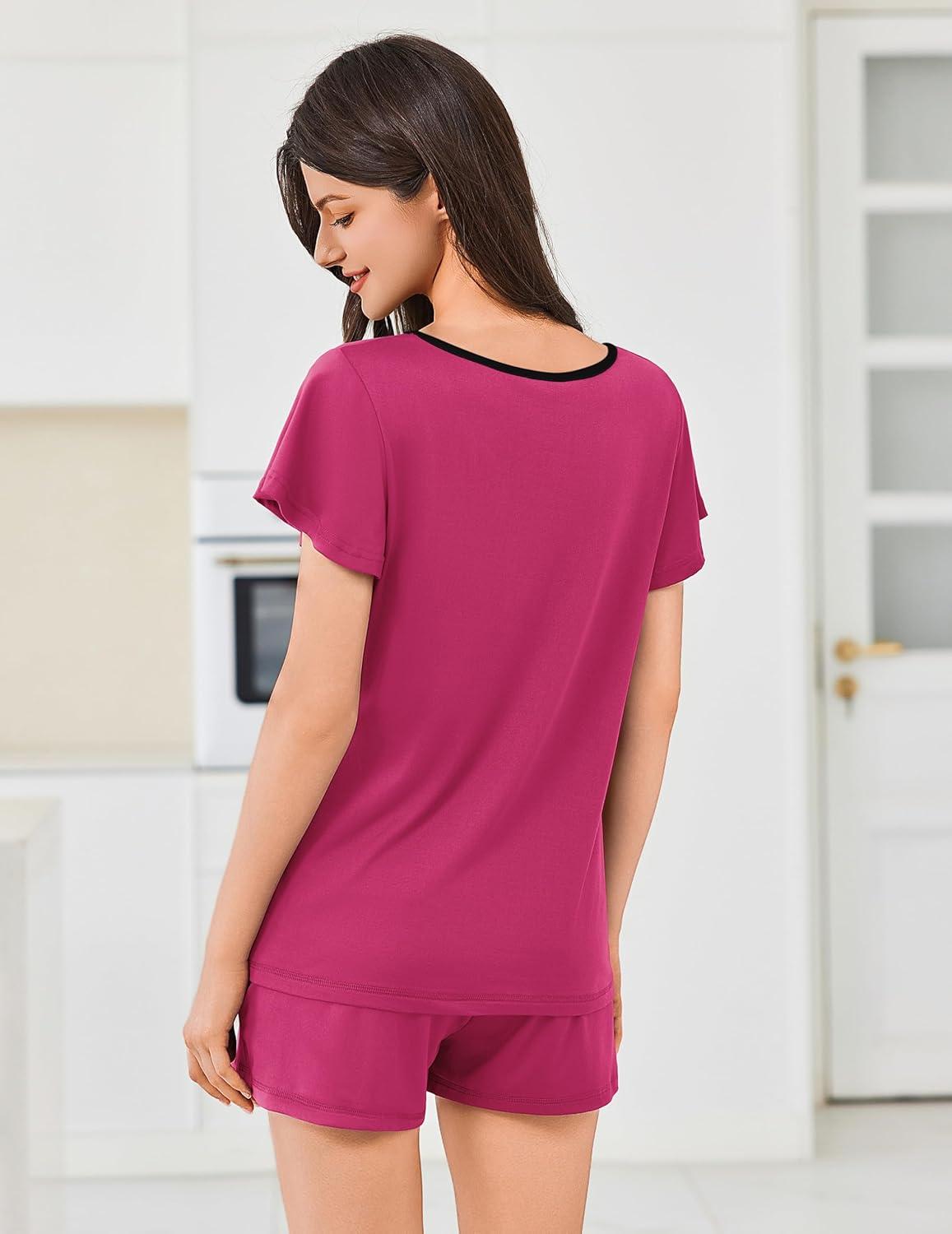 imageEkouaer Womens Pajama Set Summer Short Sleeve Pjs Sleepwear Cute 2 Piece Lounge Sets SXXLRose Red