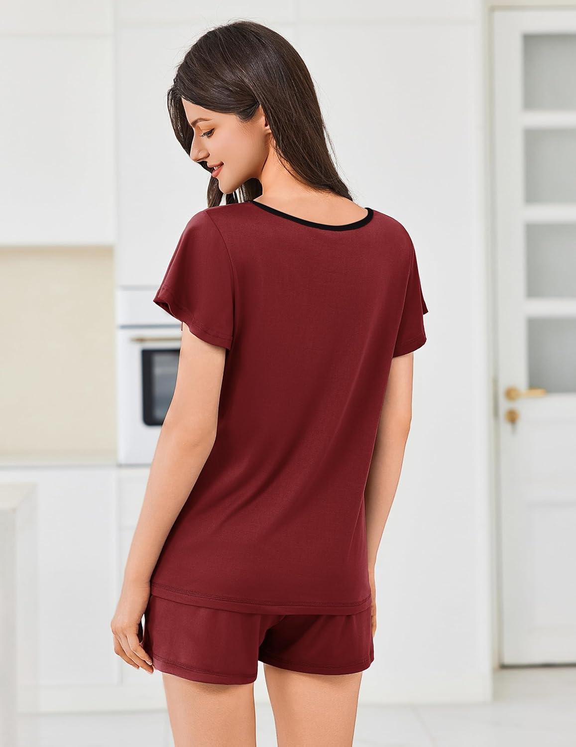 imageEkouaer Womens Pajama Set Summer Short Sleeve Pjs Sleepwear Cute 2 Piece Lounge Sets SXXLWine Red
