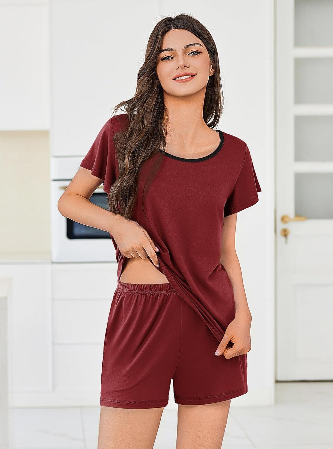 imageEkouaer Womens Pajama Set Summer Short Sleeve Pjs Sleepwear Cute 2 Piece Lounge Sets SXXLWine Red