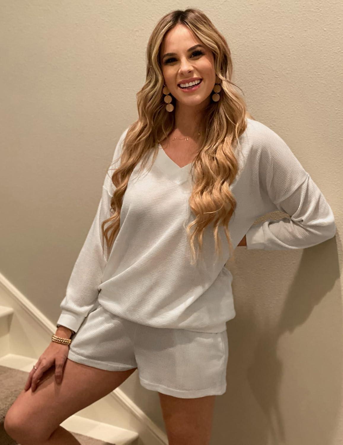 imageEkouaer Womens Pajama Set Waffle Knit Lounge Set V Neck Off Shoulder Sleepwear Long Sleeve Top and Shorts 2 Piece Sweatsuit