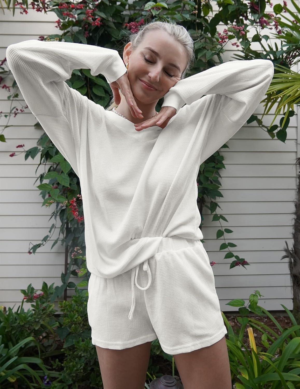 imageEkouaer Womens Pajama Set Waffle Knit Lounge Set V Neck Off Shoulder Sleepwear Long Sleeve Top and Shorts 2 Piece Sweatsuit