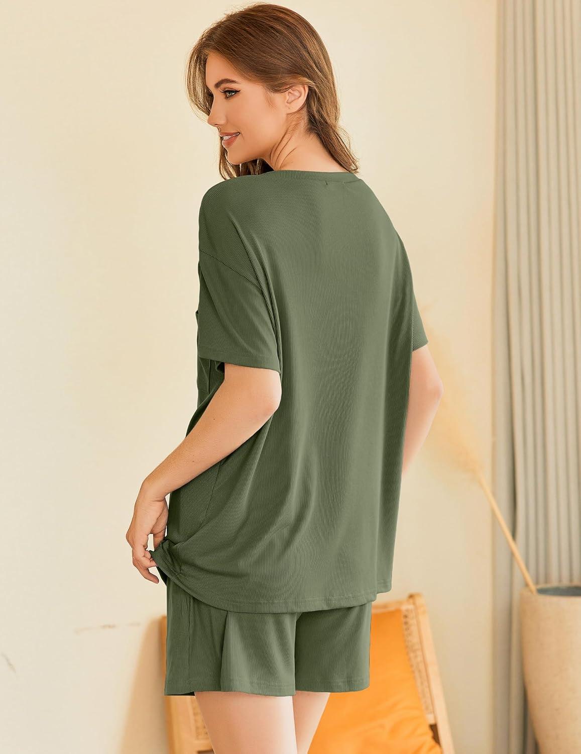 imageEkouaer Womens Pajama Sets 2 Piece Ribbed Knit Pjs Short Sleeve Soft Sleepwear Summer Lounge SetsArmy Green