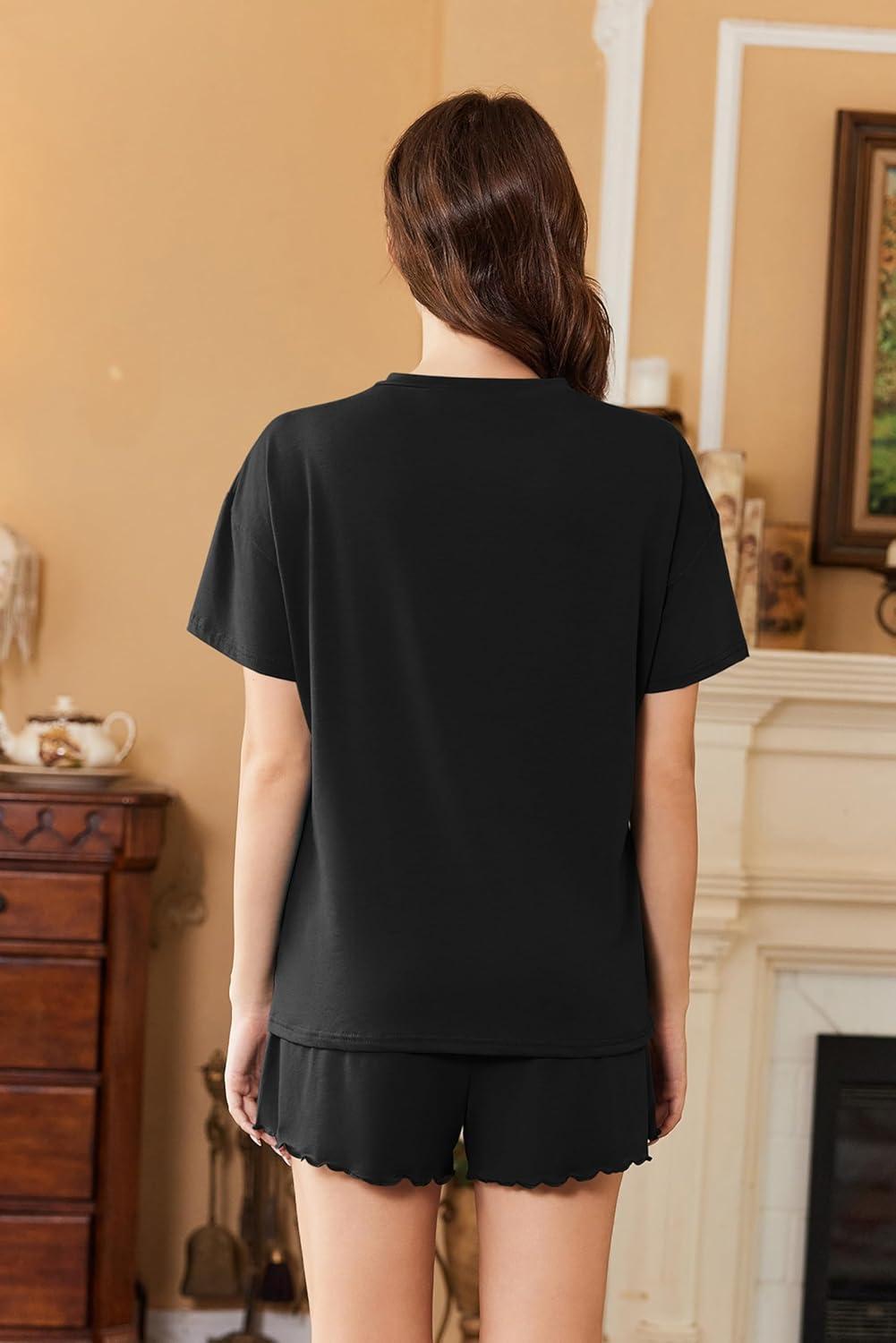 imageEkouaer Womens Pajama Sets 2 Piece Ribbed Knit Pjs Short Sleeve Soft Sleepwear Summer Lounge SetsBlack