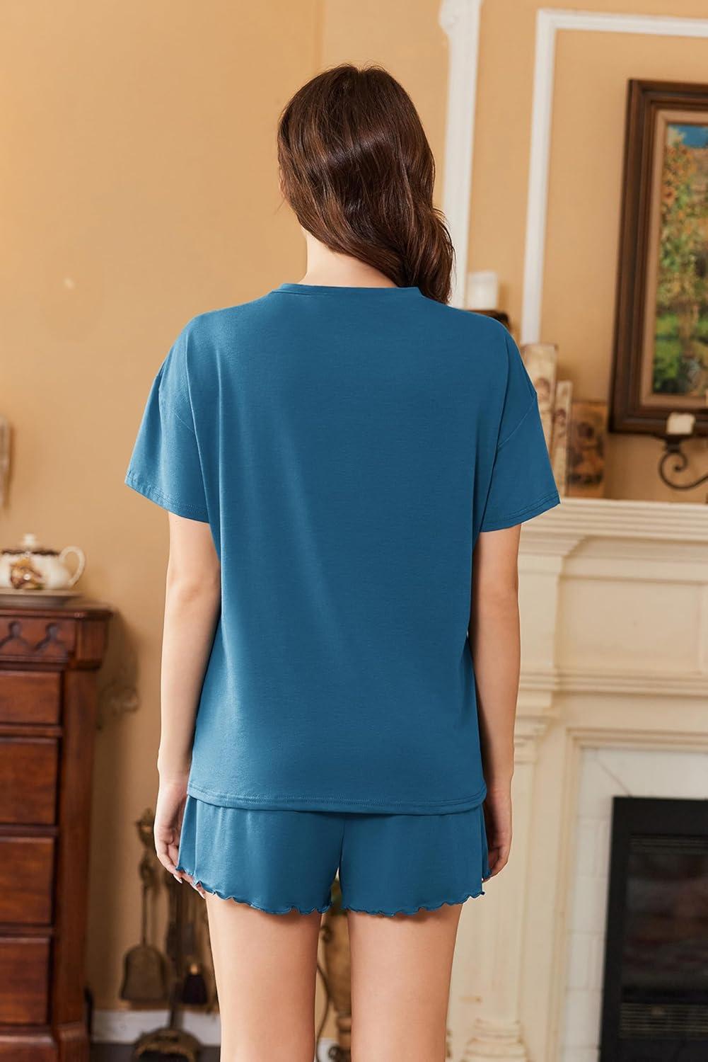 imageEkouaer Womens Pajama Sets 2 Piece Ribbed Knit Pjs Short Sleeve Soft Sleepwear Summer Lounge SetsBlue