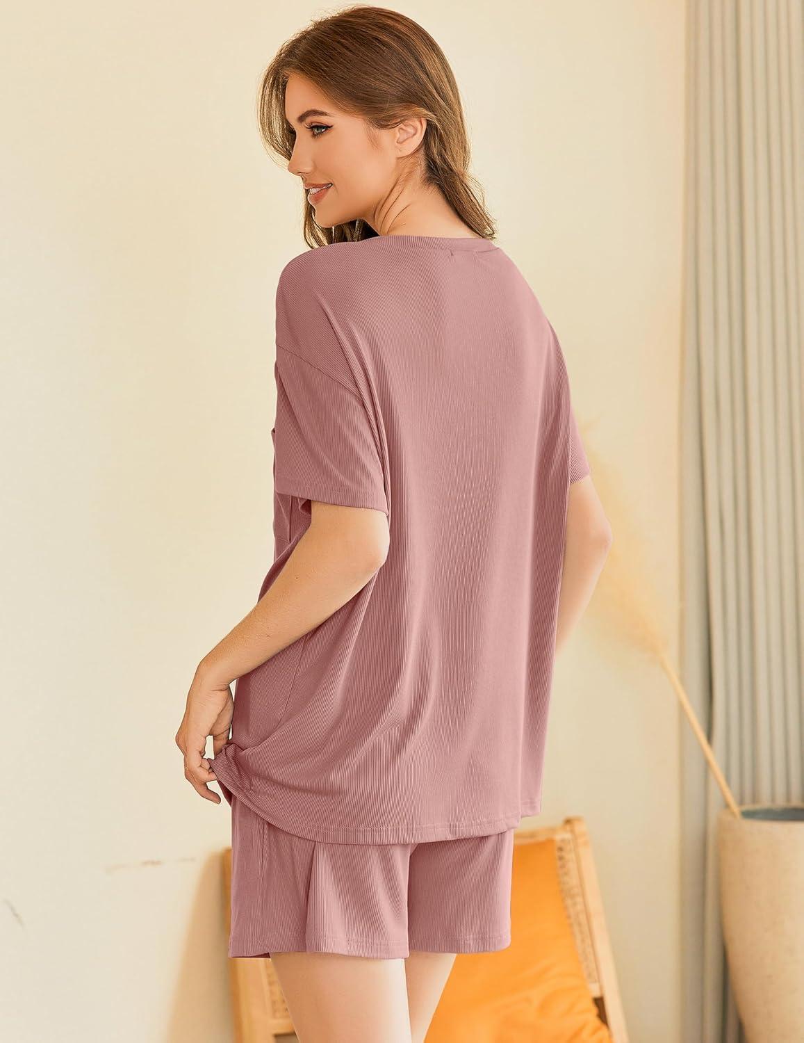 imageEkouaer Womens Pajama Sets 2 Piece Ribbed Knit Pjs Short Sleeve Soft Sleepwear Summer Lounge SetsDark Pink
