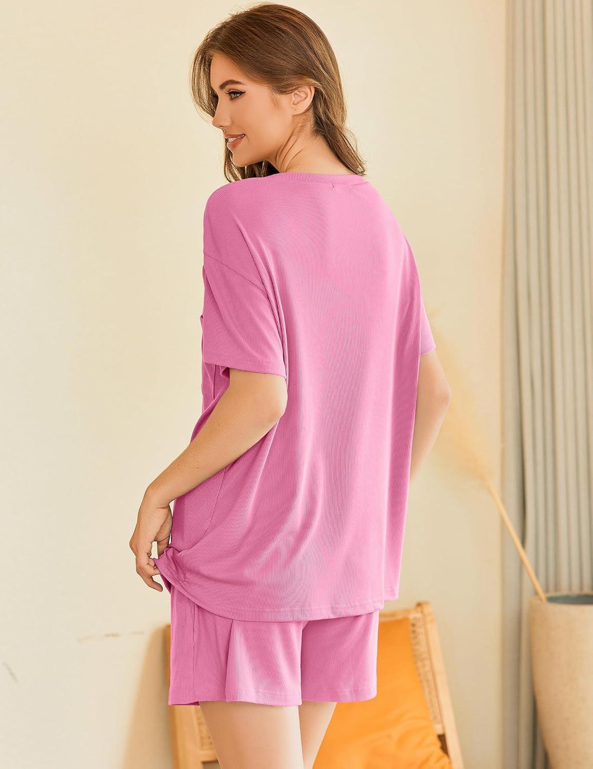imageEkouaer Womens Pajama Sets 2 Piece Ribbed Knit Pjs Short Sleeve Soft Sleepwear Summer Lounge SetsHot Pink
