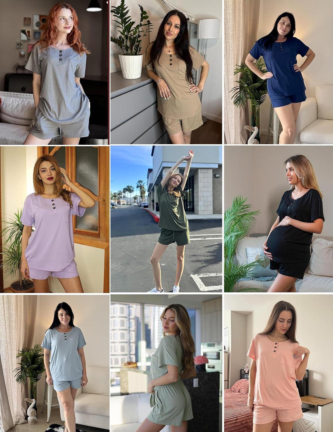 imageEkouaer Womens Pajama Sets 2 Piece Ribbed Knit Pjs Short Sleeve Soft Sleepwear Summer Lounge SetsLight Pink