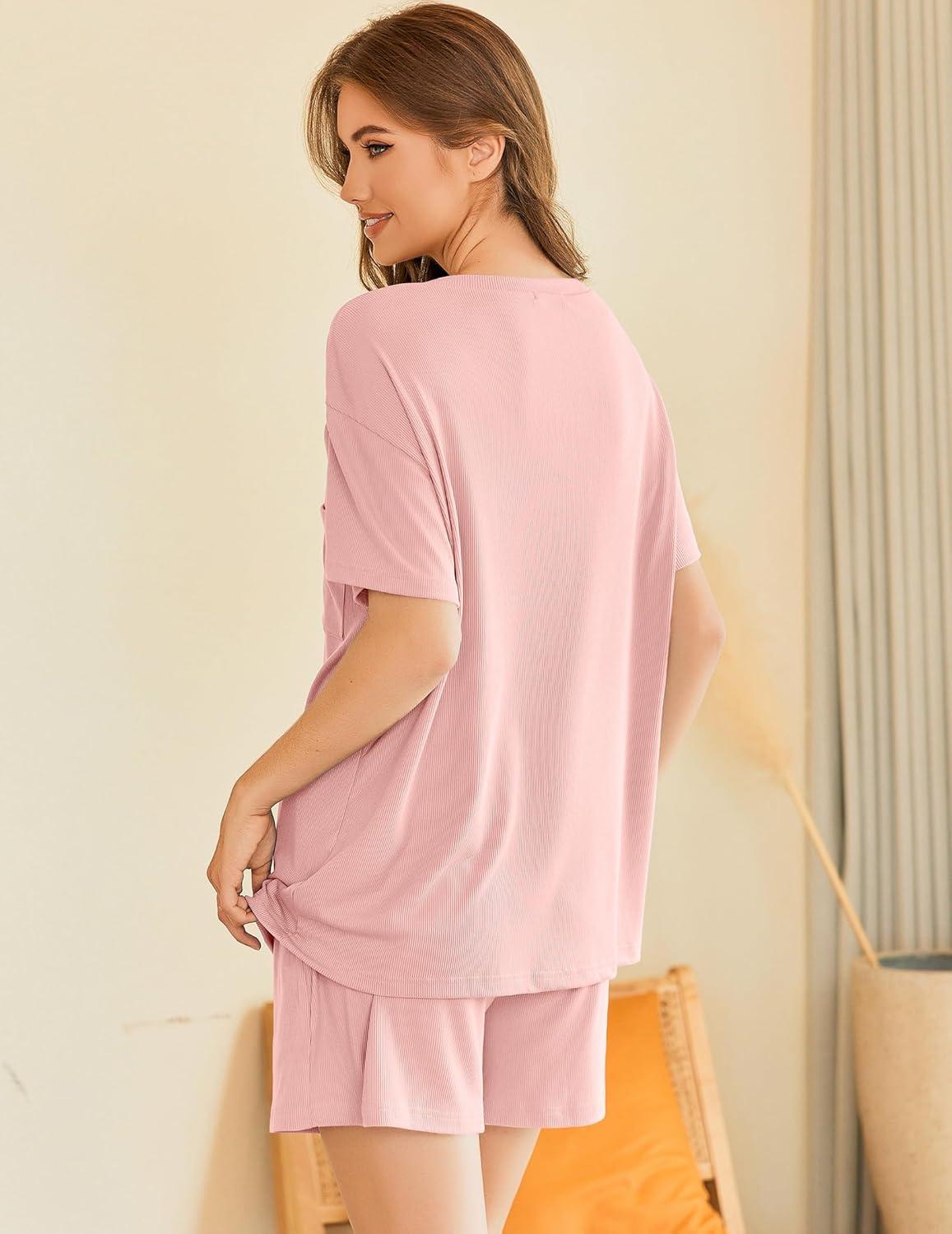 imageEkouaer Womens Pajama Sets 2 Piece Ribbed Knit Pjs Short Sleeve Soft Sleepwear Summer Lounge SetsLight Pink