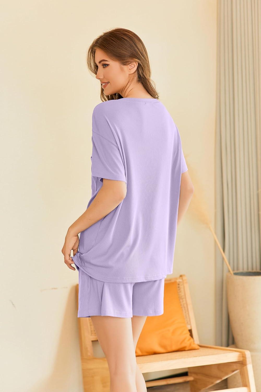 imageEkouaer Womens Pajama Sets 2 Piece Ribbed Knit Pjs Short Sleeve Soft Sleepwear Summer Lounge SetsPurple