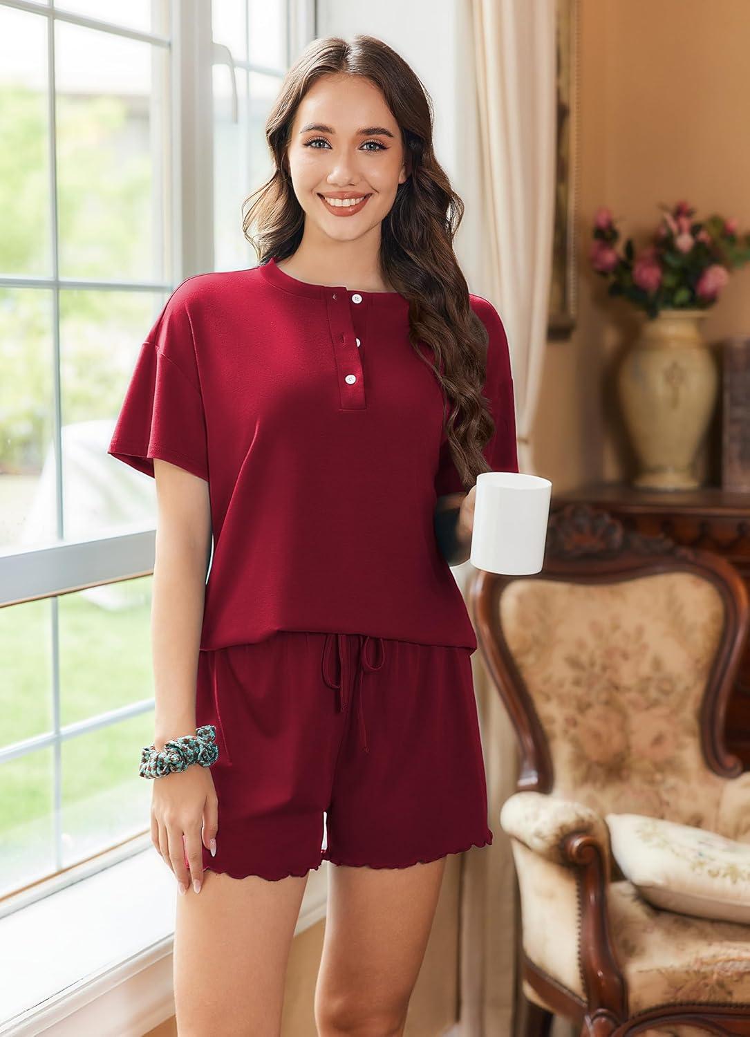 imageEkouaer Womens Pajama Sets 2 Piece Ribbed Knit Pjs Short Sleeve Soft Sleepwear Summer Lounge SetsWine Red