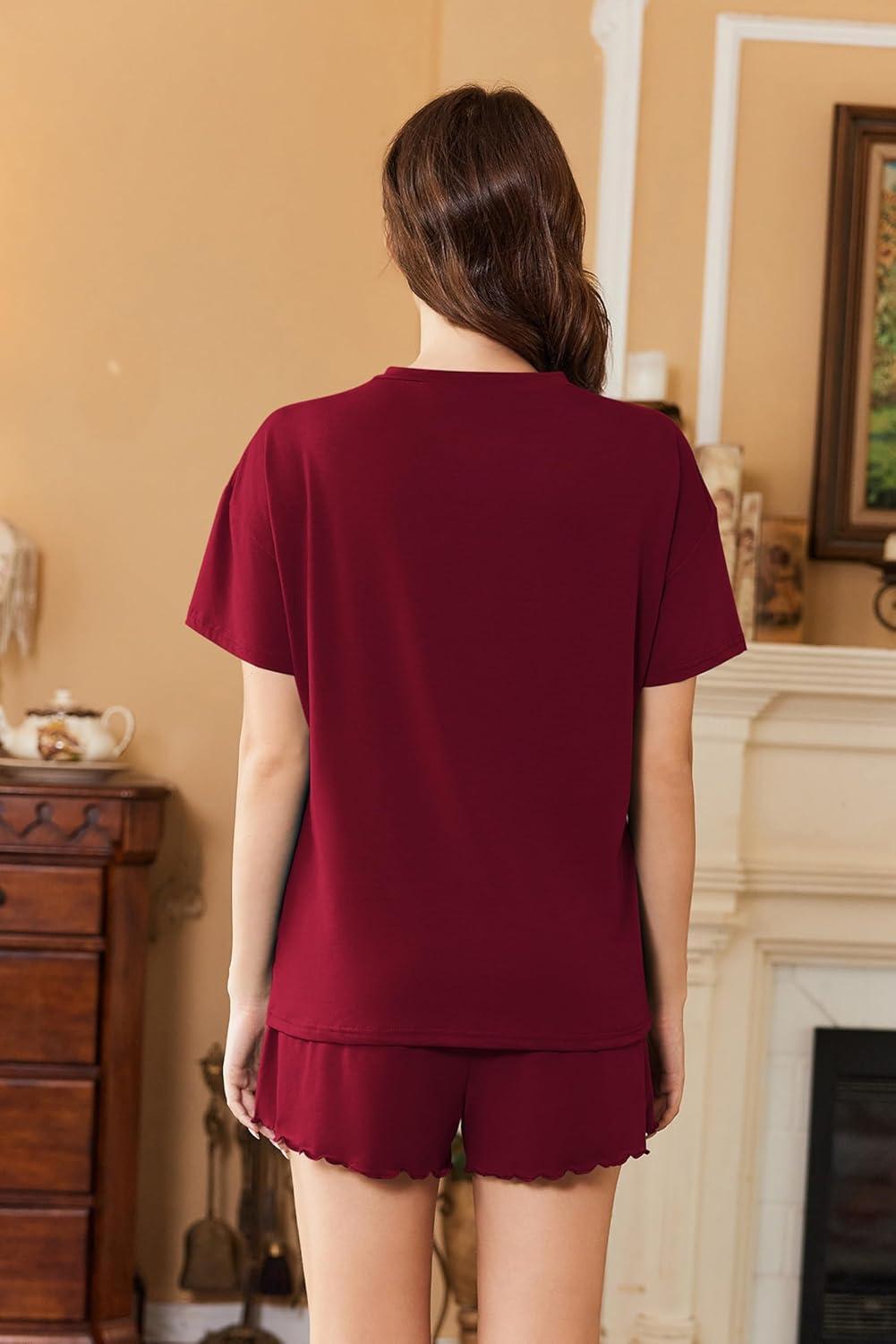 imageEkouaer Womens Pajama Sets 2 Piece Ribbed Knit Pjs Short Sleeve Soft Sleepwear Summer Lounge SetsWine Red
