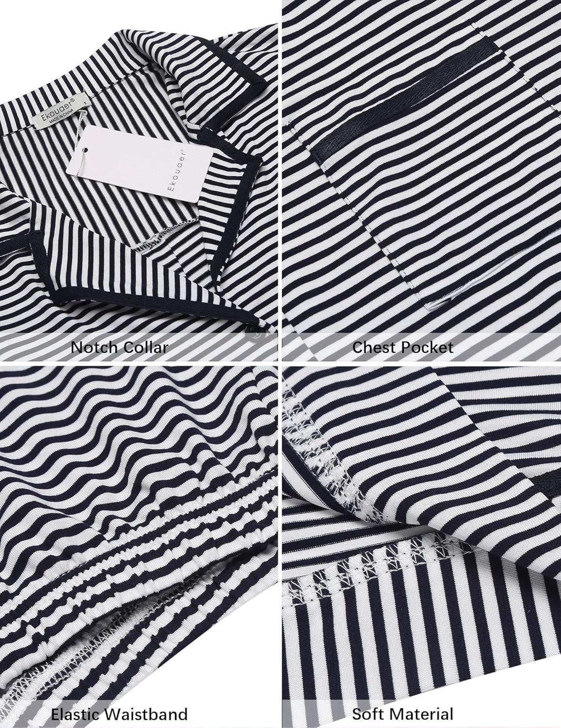 imageEkouaer Womens Pajama Sets 2 Piece Short Sleeve Button Down Tops and Pants Pj Set V Neck Sleepwear Loungewear Chest PocketDark Blue Stripes