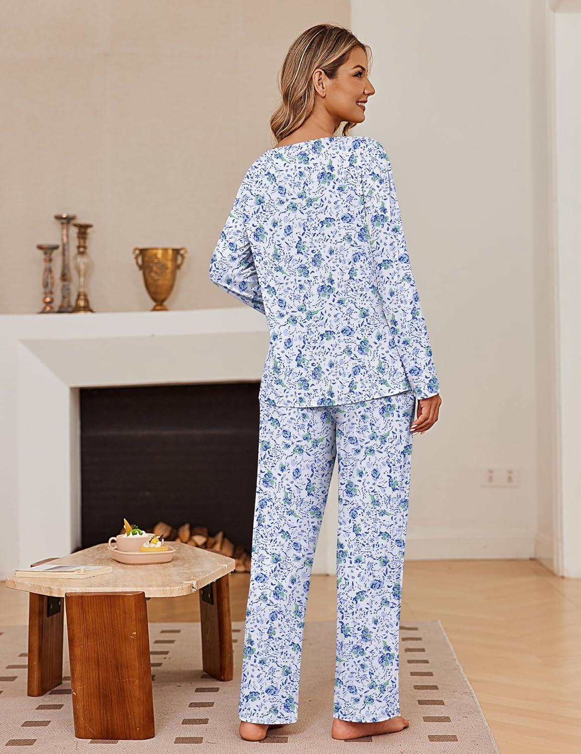 imageEkouaer Womens Pajama Sets Fall Long Sleeve Pajamas for Women Trendy Pleated Pjs Sets Comfy 2 Piece Lounge Set with PocketsBlue Flower