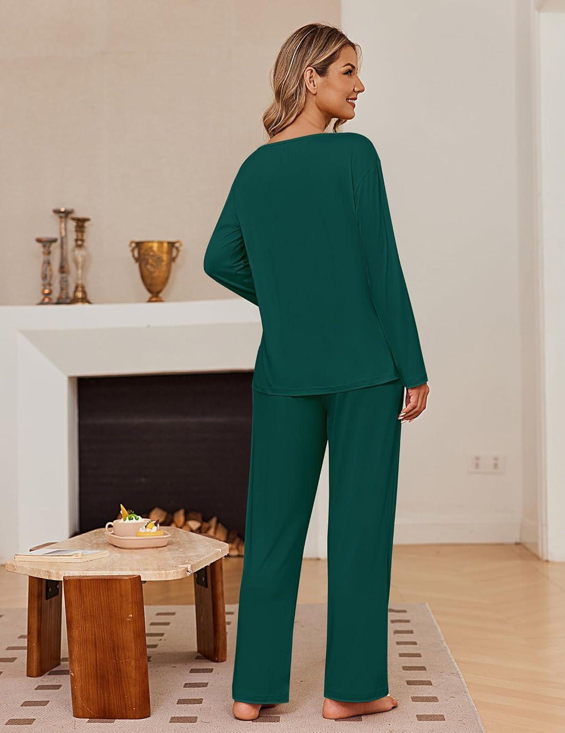 imageEkouaer Womens Pajama Sets Fall Long Sleeve Pajamas for Women Trendy Pleated Pjs Sets Comfy 2 Piece Lounge Set with PocketsGreen