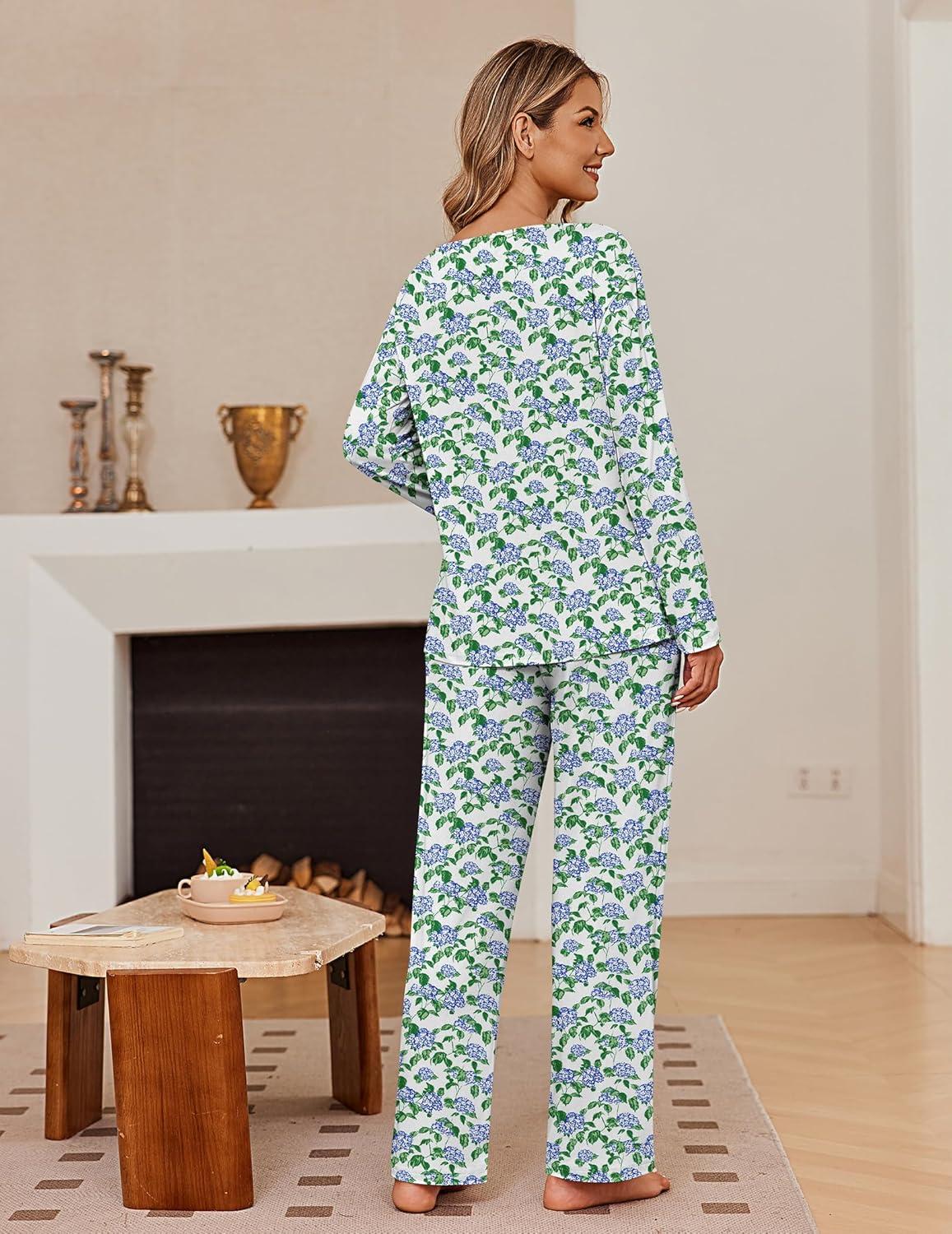 imageEkouaer Womens Pajama Sets Fall Long Sleeve Pajamas for Women Trendy Pleated Pjs Sets Comfy 2 Piece Lounge Set with PocketsGreen Flower