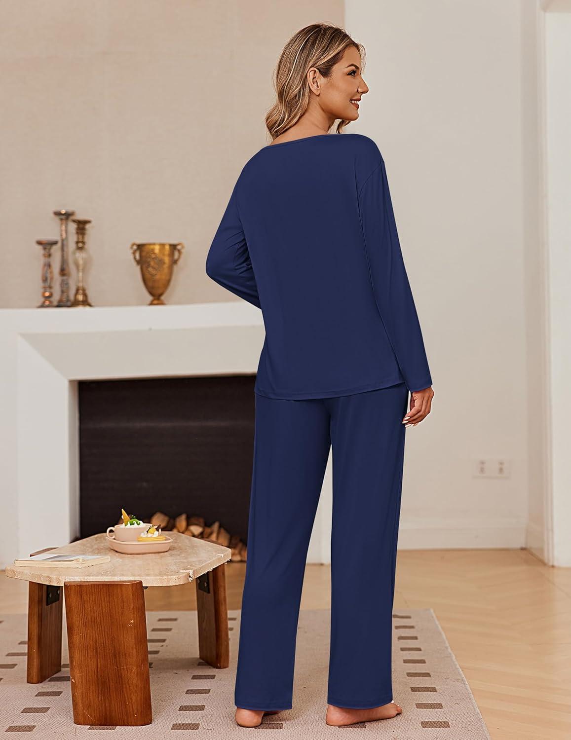 imageEkouaer Womens Pajama Sets Fall Long Sleeve Pajamas for Women Trendy Pleated Pjs Sets Comfy 2 Piece Lounge Set with PocketsNavy Blue
