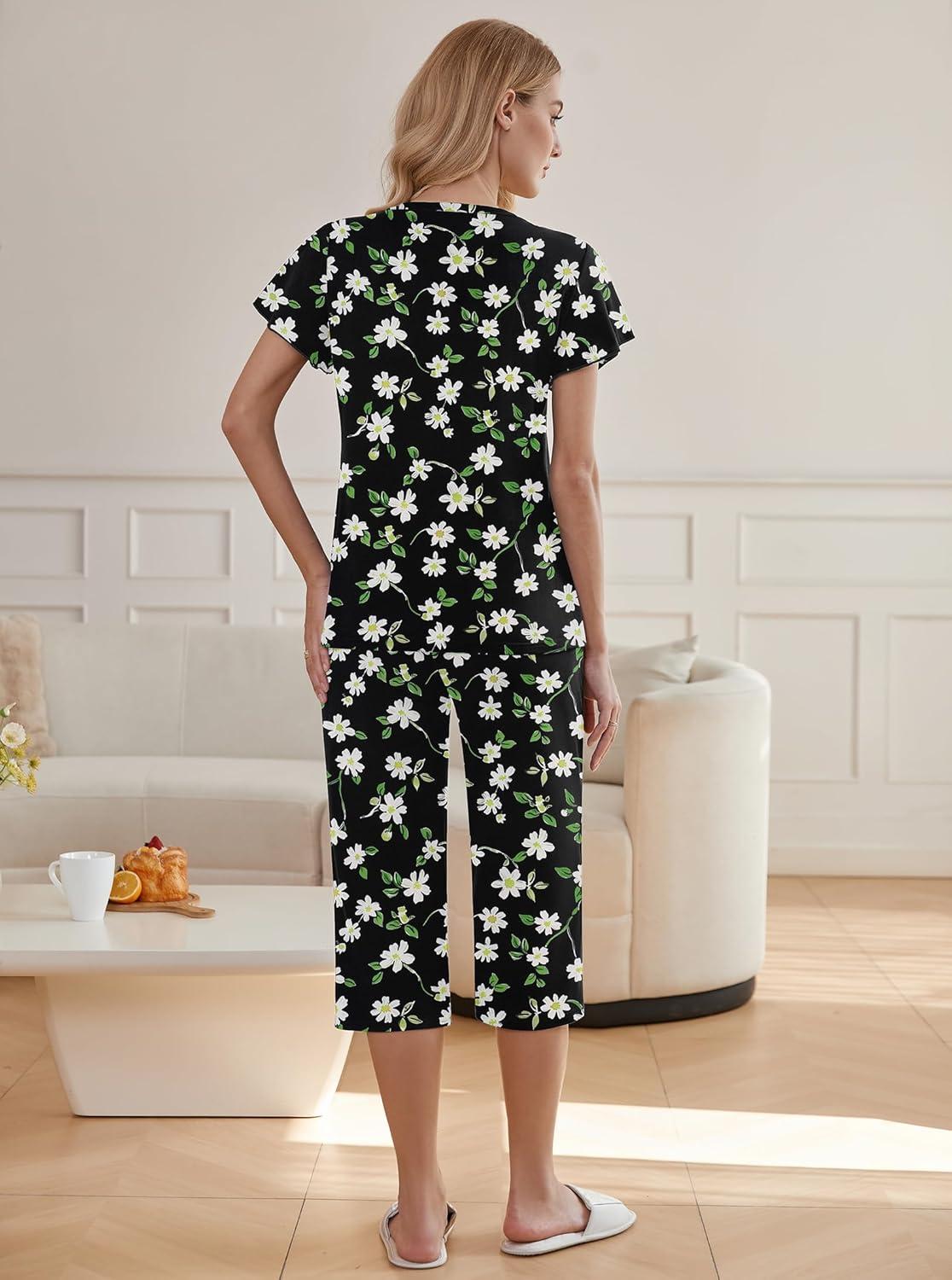 imageEkouaer Womens Pajama Sets Ruffle Short Sleeve Sleepwear Top and Capri Pants Pjs Set Comfy 2 Piece Lounge Set SXXLFloral Black Daisy